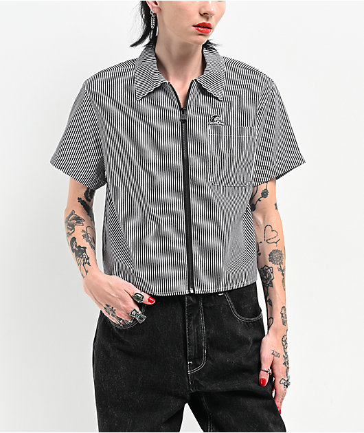 Lurking Class by Sketchy Tank Lurker Black & White Stripe Crop Work Shirt