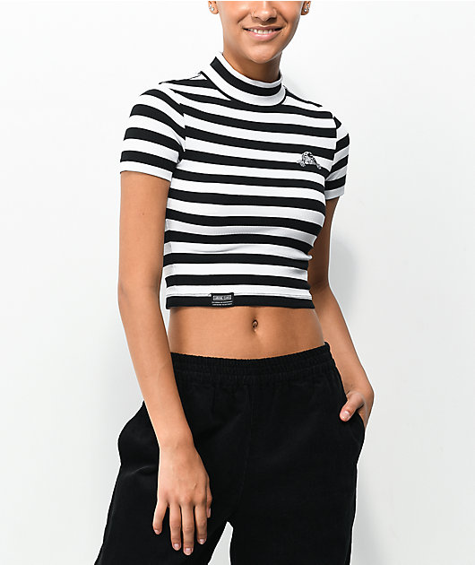 Black and white striped mock store neck top