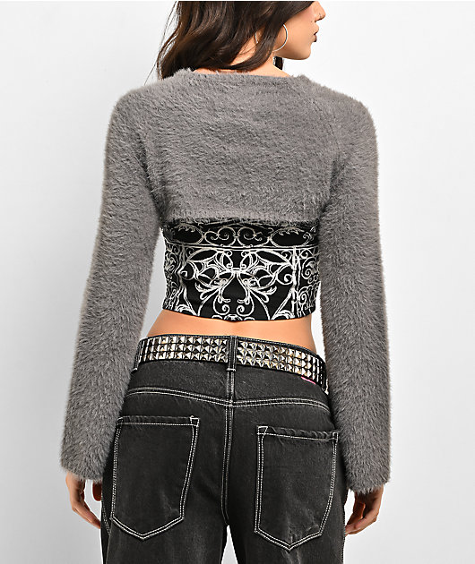 Lurking Class by Sketchy Tank Memento Mori Faux Fur Grey & Black Shrug Crop Tank Top Set
