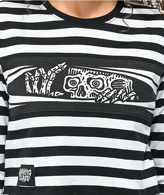 Lurking Class by Sketchy Tank Peeking Black & White Stripe Crop Long Sleeve T-Shirt