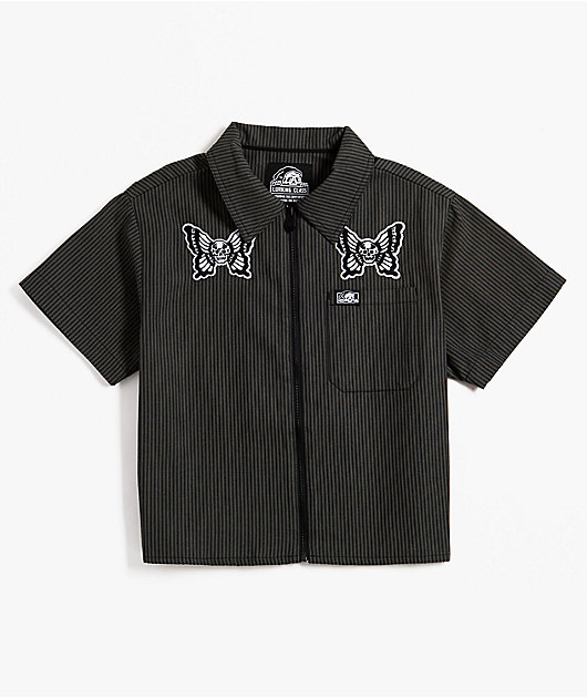 Lurking Class by Sketchy Tank Skullfly Black Stripe Crop Work Shirt