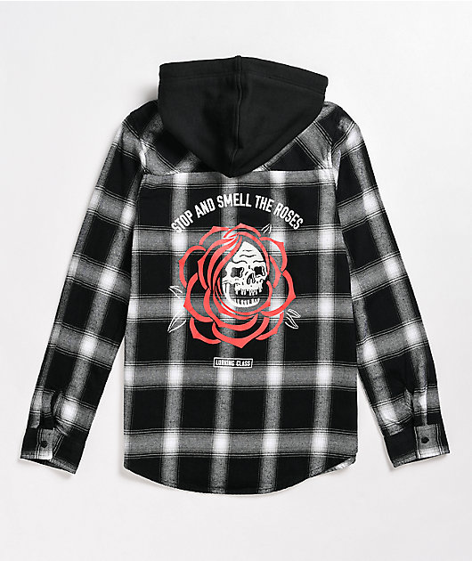 Smell Roses Black Hooded Flannel Shirt
