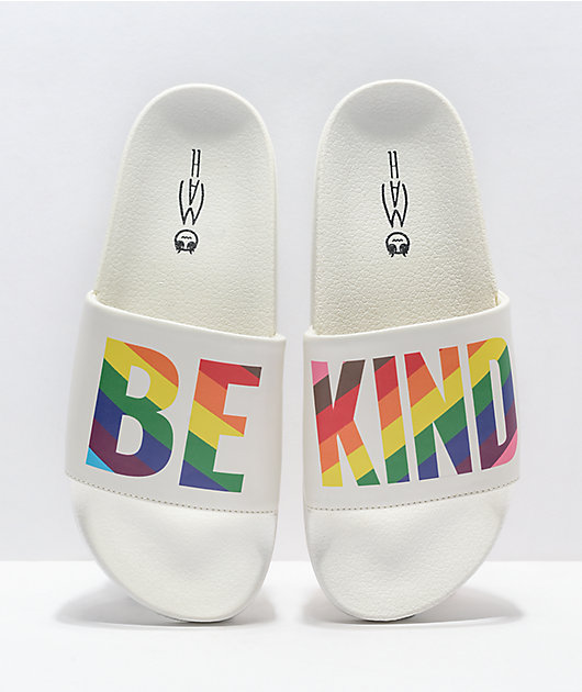 MAH Be Kind White & Rainbow Slide Sandals