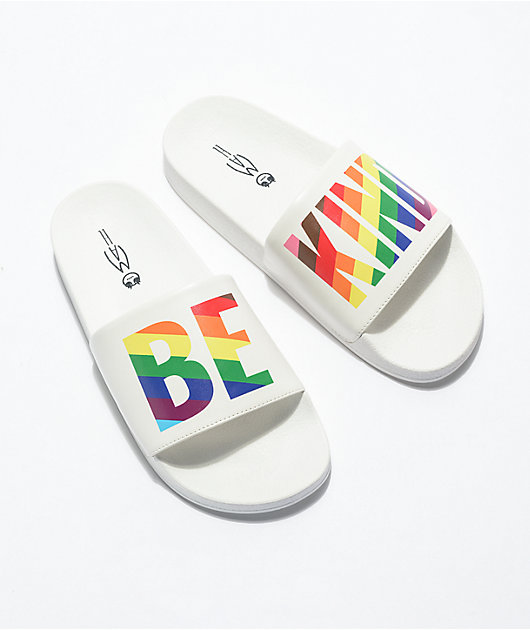 MAH Be Kind White & Rainbow Slide Sandals