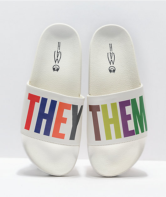 MAH They Them White & Rainbow Slide Sandals