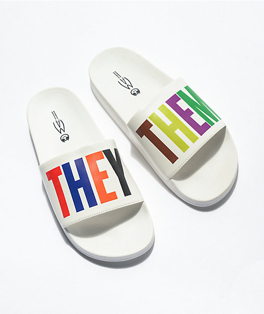 MAH They Them White & Rainbow Slide Sandals