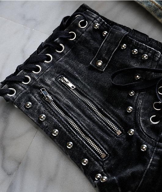 Mebon Rebel Studded Black Wash Micro Shorts