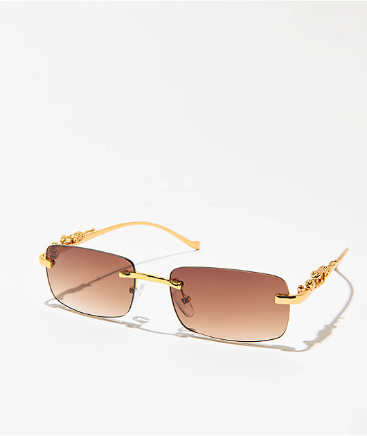 サングラス ^ONE BRILLIANT^ AubreeOB510Leopard Aubree-OB510-Leopard Micro Rectangle Leopard Brown & Gold Frameless Sunglasses