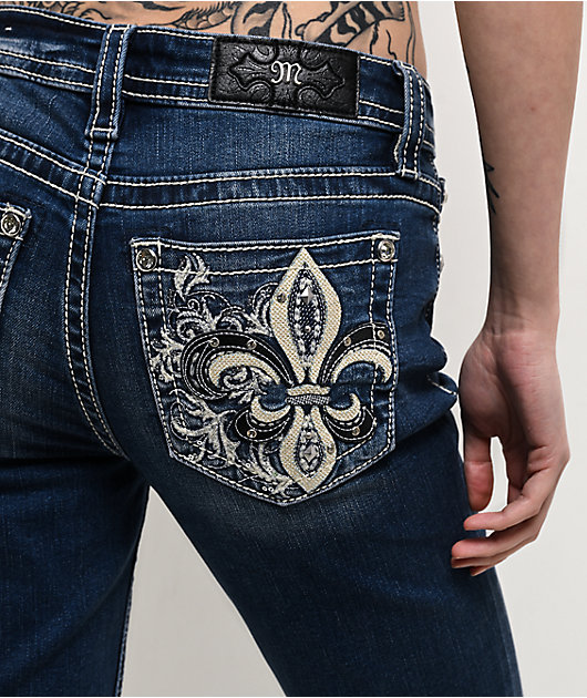 Miss Me Fleur De Lis Light Blue Wash Bootcut Jeans