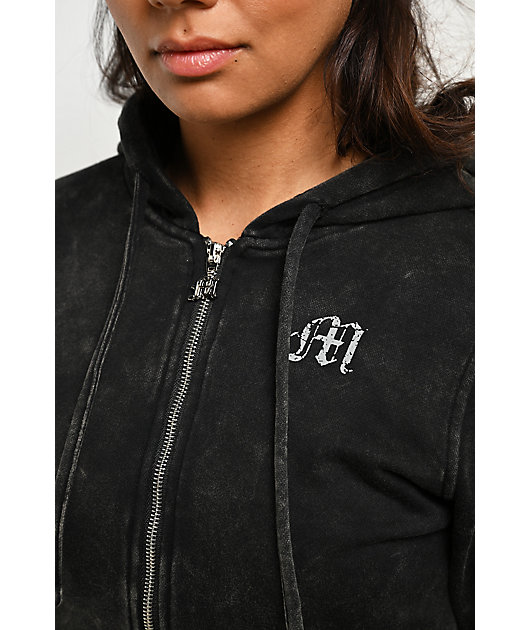 Miss Me Washed Black Crop Zip Hoodie
