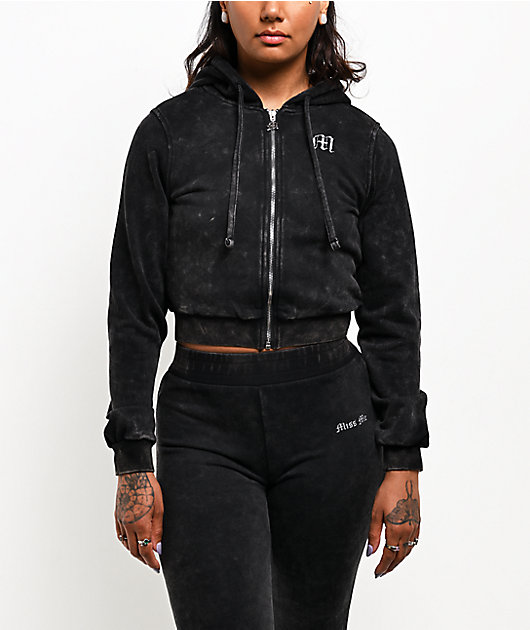 Miss Me Washed Black Crop Zip Hoodie