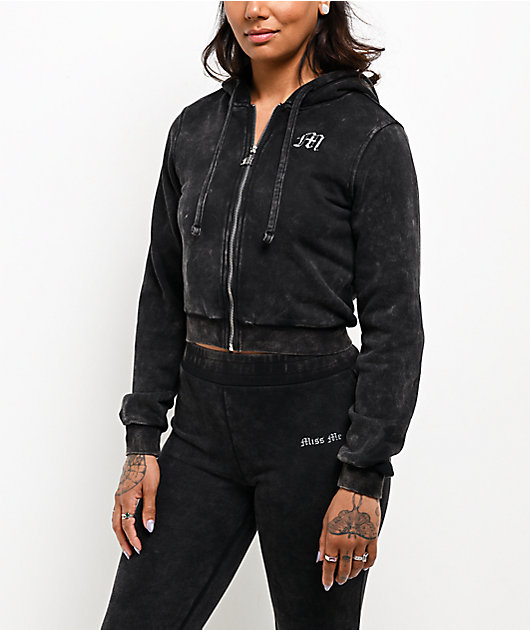 Miss Me Washed Black Crop Zip Hoodie