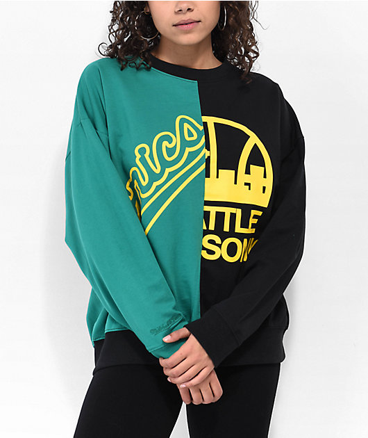 Mitchell & Ness x NBA Seattle Supersonics Black & Green Split Crewneck  Sweater