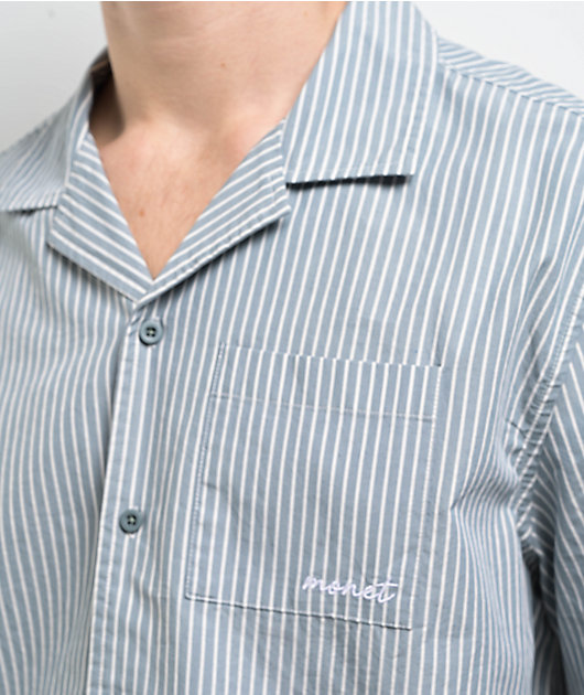 Monet Skateboards Stripe Blue Short Sleeve Button Up Crop Shirt 