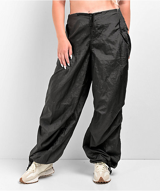 【BAON】Melta Black Wide Parachute Cargo Denim Pants Oversized Cargo Jeans for Women Girls Baggy Loose Denim