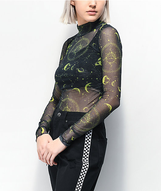 NEW girl ORDER Moon Black & Green Mesh Long Sleeve Top