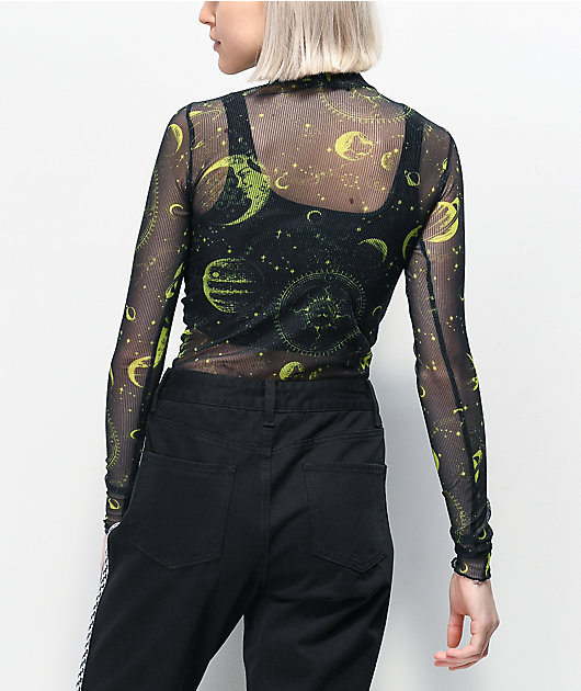 NEW girl ORDER Moon Black & Green Mesh Long Sleeve Top