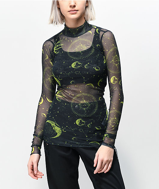 NEW girl ORDER Moon Black & Green Mesh Long Sleeve Top