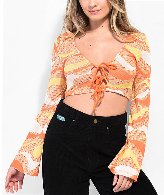 NGOrder Orange Flare Sleeve Tie Front Crochet Crop Top