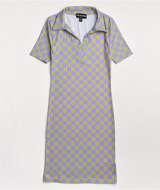 NGOrder Ribbed Purple & Green Checkerboard Polo Dress