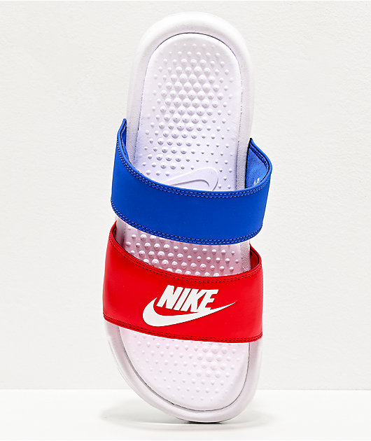 red nike slides with two straps