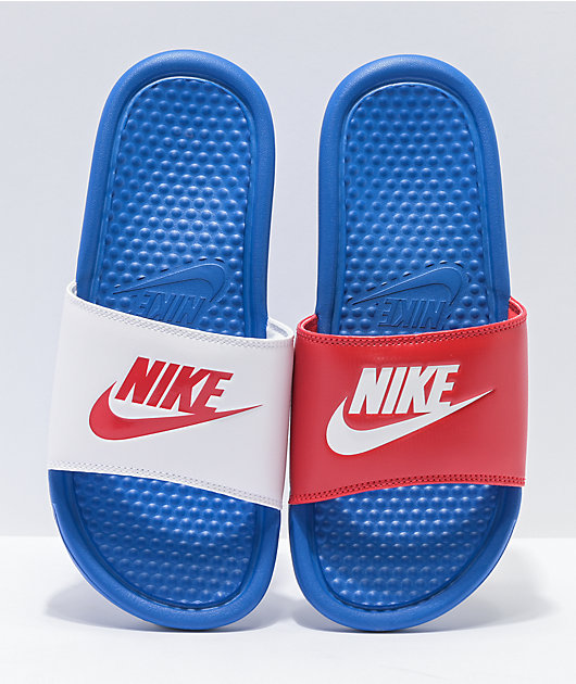blue and red nike slides