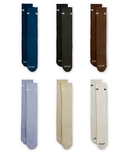 Nike Everyday Plush Cushioned Brown & Blue 6 Pack Crew Socks