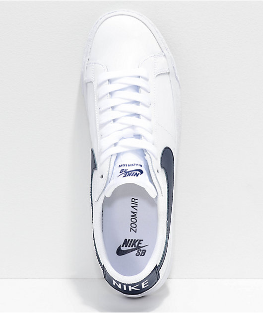 Nike Sb Blazer Zoom Low White Obsidian Leather Skate Shoes Zumiez