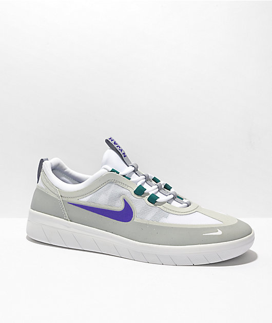Nike SB Nyjah Free 2.0 Wolf Grey, White & Purple Skate Shoes