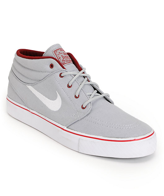 Nike SB Zoom Stefan Janoski Mid Wolf Grey & Red Canvas Skate Shoes