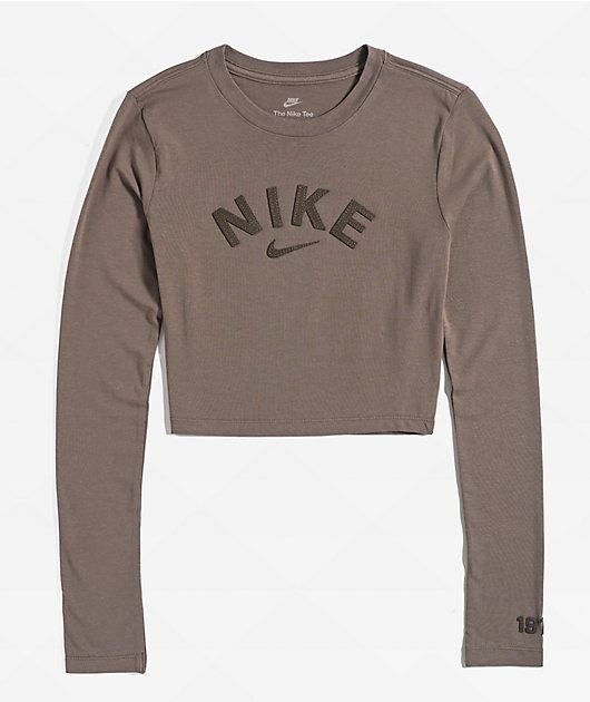 Nike Sportswear Chill Knit Brown Long Sleeve Crop T-Shirt