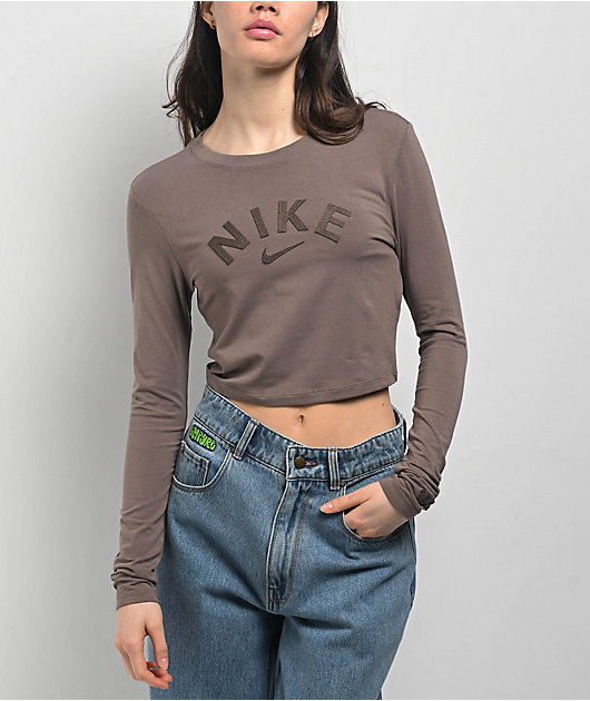 Nike Sportswear Chill Knit Brown Long Sleeve Crop T-Shirt