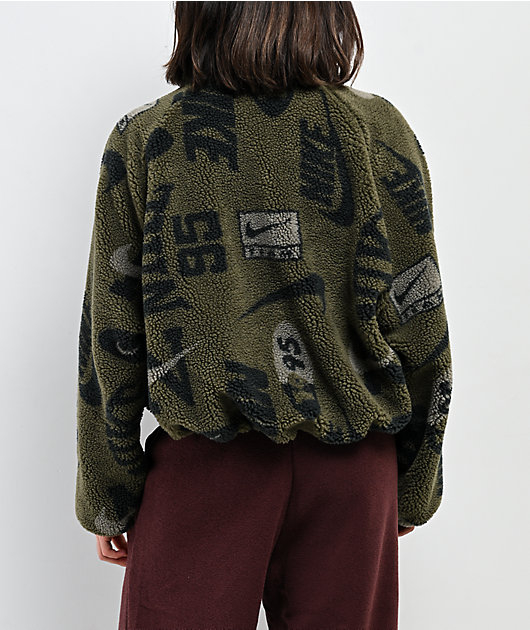 Nike Sportswear High-Pile Fleece Olive Sherpa Crop Jacket | Zumiez