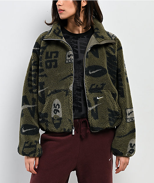 Nike Sportswear High-Pile Fleece Olive Sherpa Crop Jacket | Zumiez