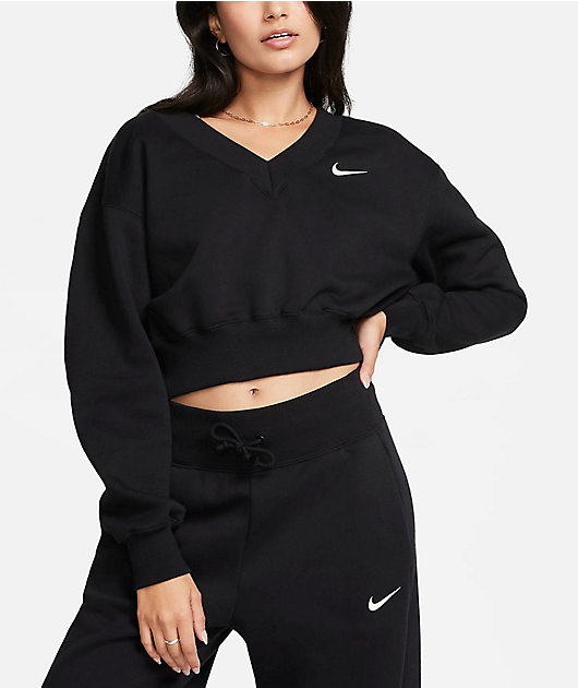 Nike Sportswear Phoenix Fleece Black Crop V-Neck Sweatshirt | Zumiez