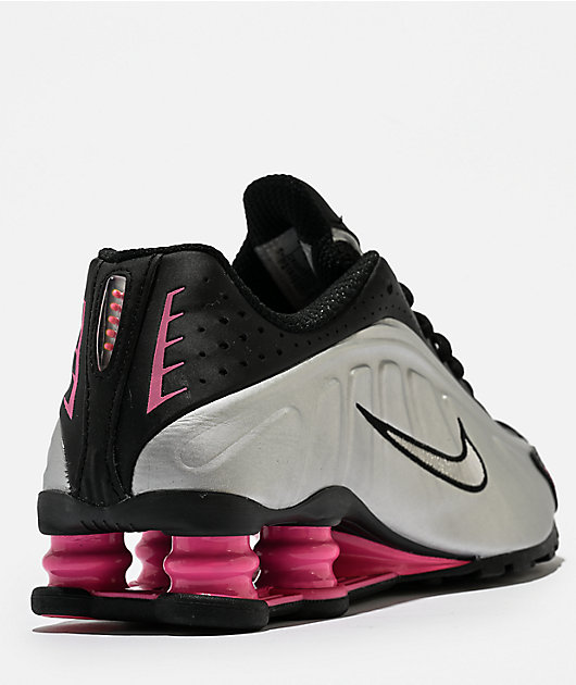 Nike Women's Shox R4 Metallic Silver & Black Shoes | Zumiez