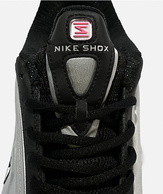 Nike Women's Shox R4 Metallic Silver & Black Shoes | Zumiez