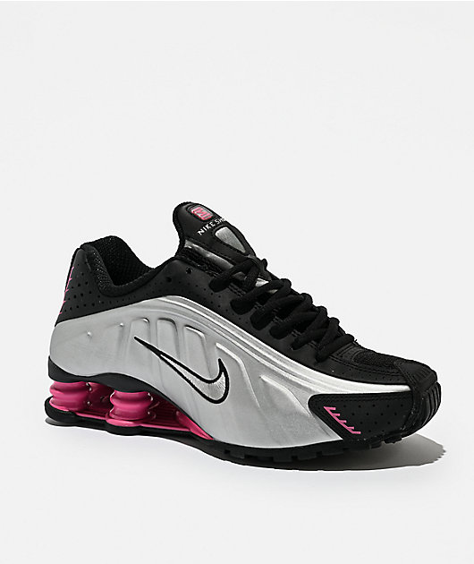Nike Women's Shox R4 Metallic Silver & Black Shoes | Zumiez