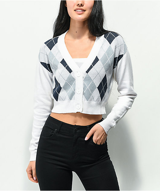 Nikka K White, Blue, & Grey Argyle Crop Sweater