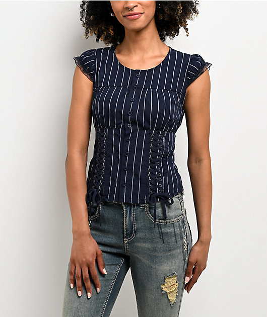Ninth Hall Adrian Blue Pinstripe Button Up Top
