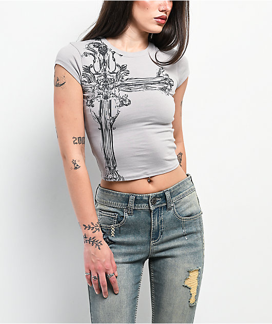 Ninth Hall Alina Cross Grey Crop T-Shirt | Zumiez