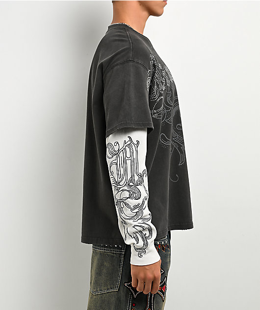 Ninth Hall All At Once Charcoal Wash & White 2fer Long Sleeve T-Shirt
