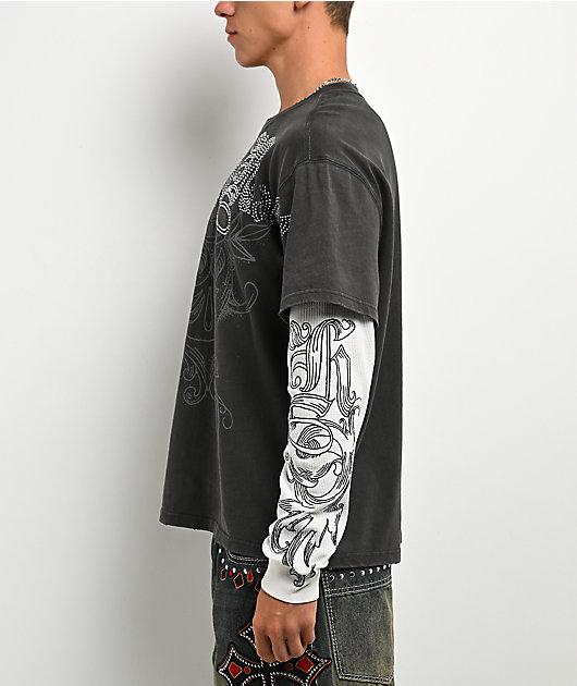 Ninth Hall All At Once Charcoal Wash & White 2fer Long Sleeve T-Shirt
