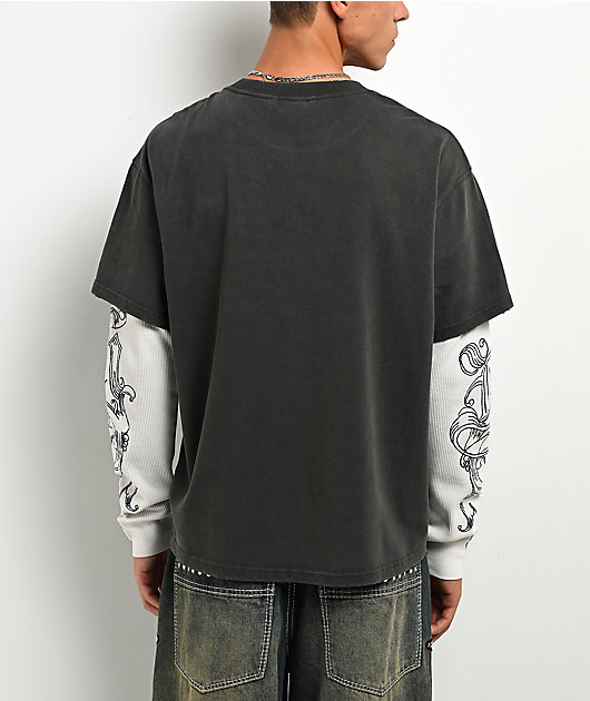 Ninth Hall All At Once Charcoal Wash & White 2fer Long Sleeve T-Shirt