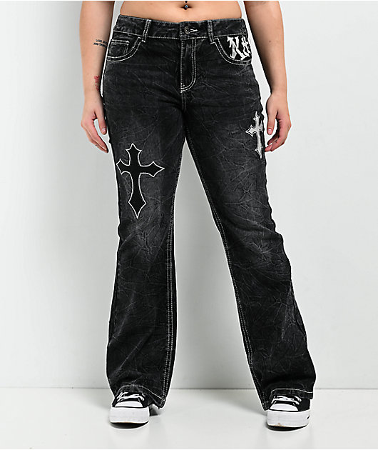 Ninth Hall Alyssia Cross Black Wash Mid Rise Flare Jeans