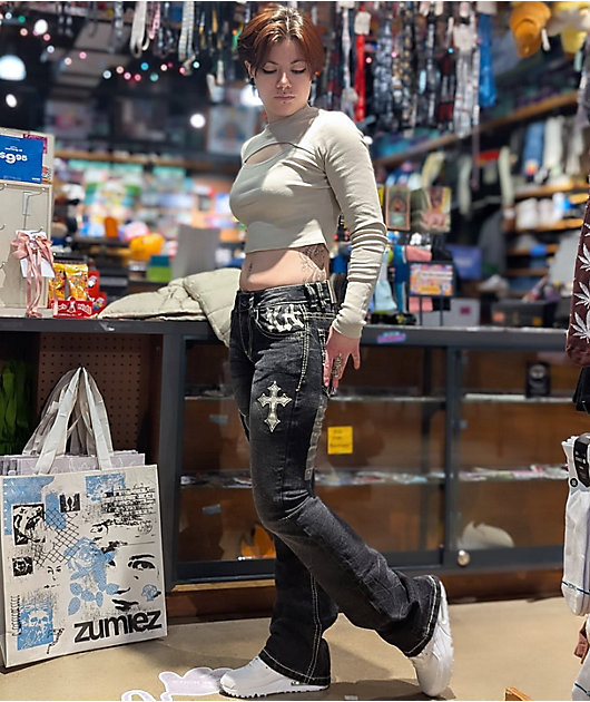 Ninth Hall Alyssia Cross Scratch Wash Mid Rise Flare Jeans | Zumiez