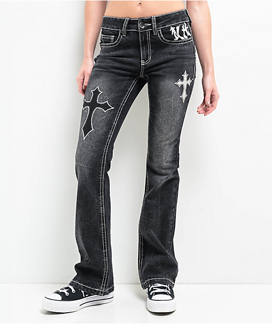 Ninth Hall Alyssia Cross Black Wash Mid Rise Bootcut Jeans | Zumiez