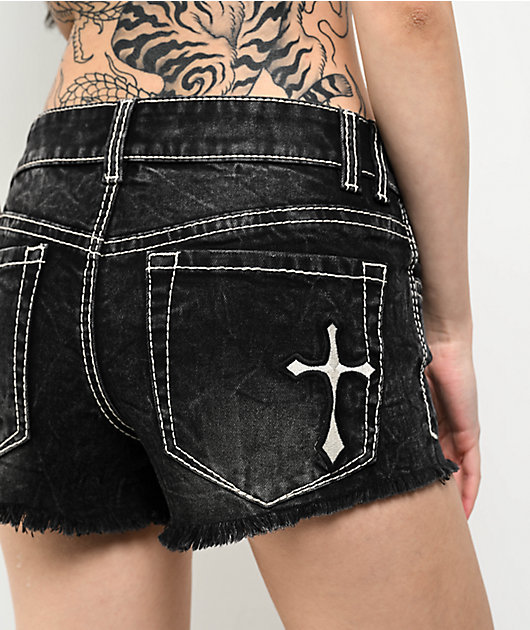 Ninth Hall Alyssia Crosses Black Wash Denim Shorts