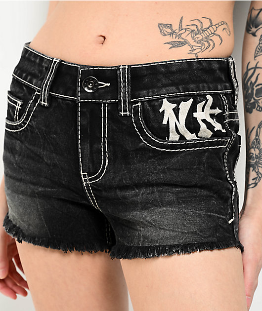 Ninth Hall Alyssia Crosses Black Wash Denim Shorts
