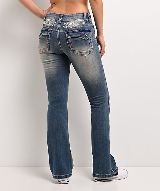 Ninth Hall Alyssia Pink Stitch Blue Wash Bootcut Jeans